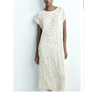 ZARA MIDI BEADED KNIT DRESS Limited Edition ECRU WHITE